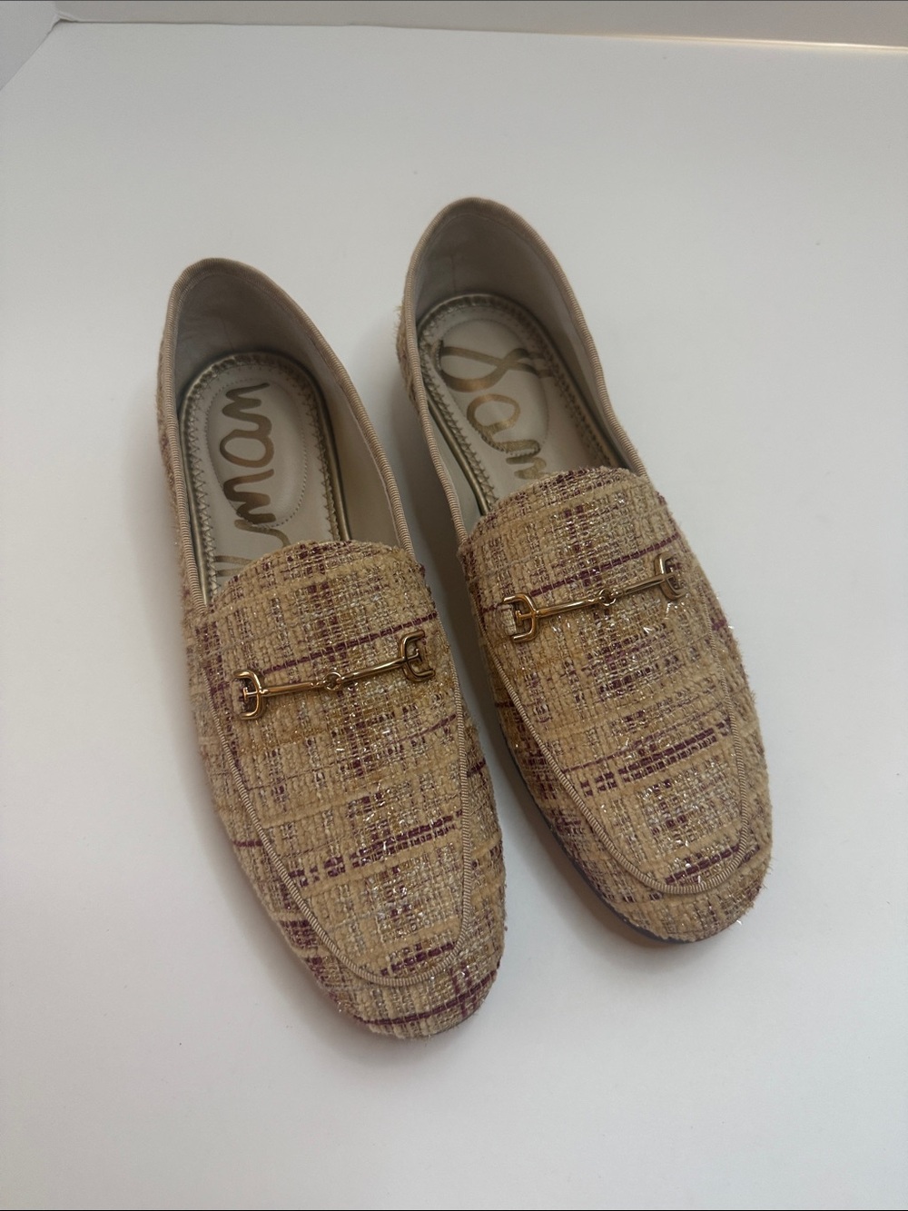 NIB Sam Edelman Tweed Loafers Size 7.5 Gold Accent Textured Plaid Flats - Picture 5 of 10